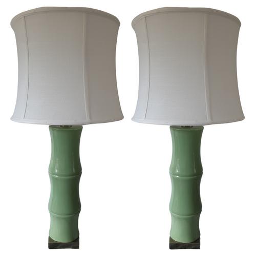 Pair of Chinese Table Lamps with Shades - Green Bamboo Design - 71cm (DS)