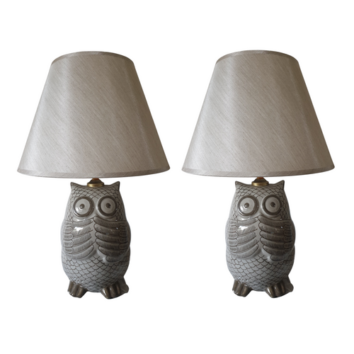 Pair of Chinese Owl Shaped Table Lamps with Golden Shades - 45cm