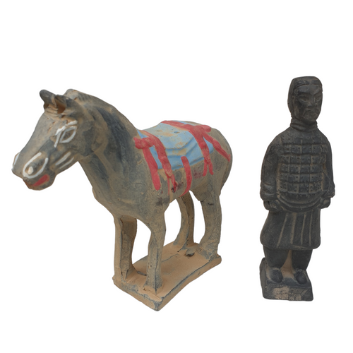 Terracotta Warrior and Horse - Set of 2 Figures - 12cm - Brocade Gift Box