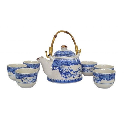 Chinese Tea Set - Blue and White - Birds and Blossom Pattern - 6 Small Cups - Gift Box