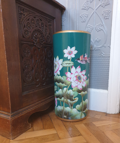 Umbrella Stand / Stick Holder - Chinese Ceramic - Lotus Flower / Mandarin Ducks