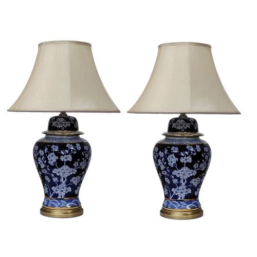 Pair of Chinese Jar Table Lamps with Shades - Blue and White Blossom Pattern - 75cm