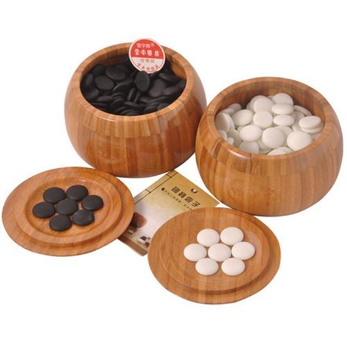 Chinese Go Game Set - Wei Qi Stones - Bamboo Bowls - Folding Bamboo Board