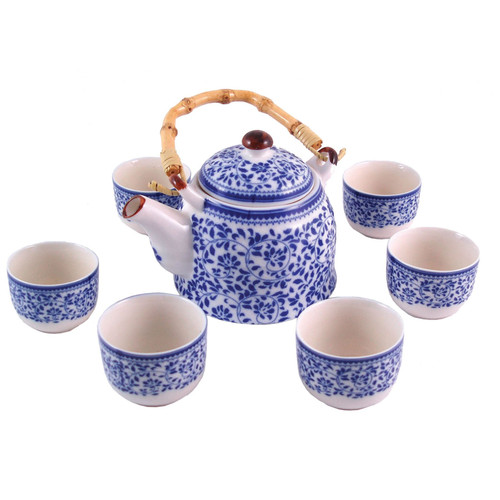 Chinese Tea Set - Blue and White Leaf Pattern - 6 Small Cups - Gift Box