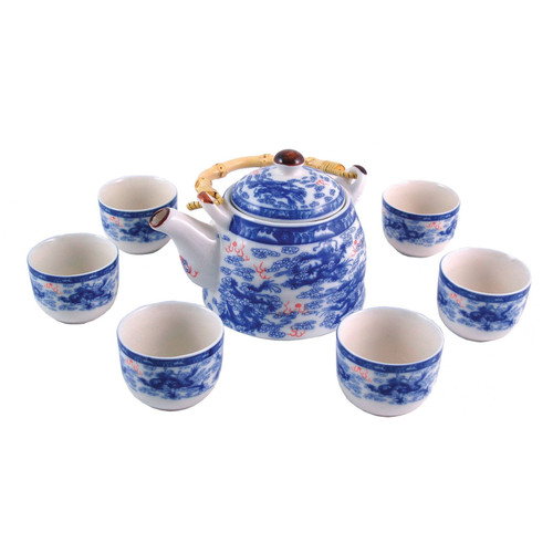 Chinese Tea Set - Blue and White - Nine Dragon Pattern - 6 Small Cups - Gift Box