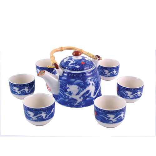 Chinese Tea Set - Blue and White Double Dragon Pattern - 6 Small Cups - Gift Box
