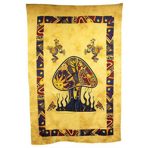 Indian Bedspread - Wall Hanging - Mushrooms and Dragonfly - Brown Cotton