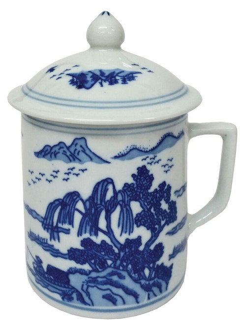 Chinese Porcelain Mug with Lid - Blue and White - Landscape Pattern