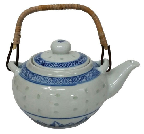 Chinese Teapot - Blue and White Rice Pattern - Cane Handle - 500ml