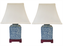 Pair of Chinese Tea Caddy Table Lamps with Shades - Blue Vine - 42cm