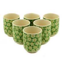 Set of 6 Tea Cups with a Green Daisy Design