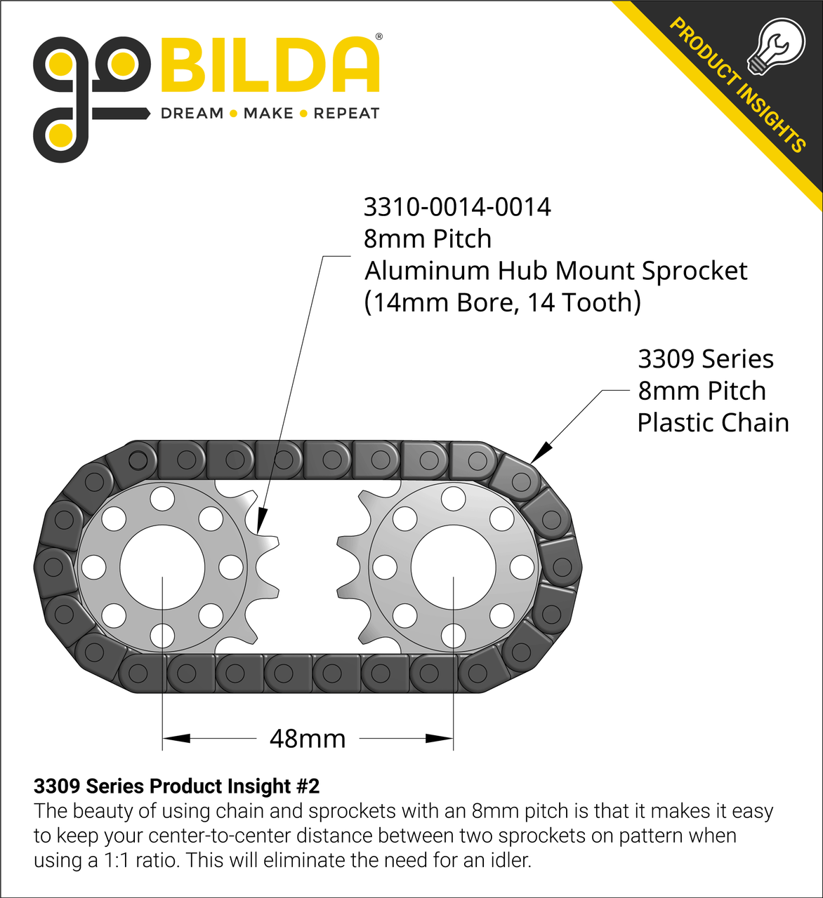 3309 Series 8mm Pitch Plastic Chain (50 Links/400mm, Black)