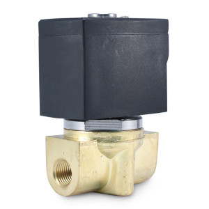 Front and side view of 24VDC solenoid valve in brass with 1/8 NPT for precision flow control. Front and side view of 24VDC solenoid valve in brass with 1/8 NPT for precision flow control.