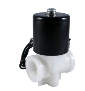 The right-angle view of the 1/4 inch 24V AC electric solenoid valve with durable polypropylene build and clearly marked wiring. The right-angle view of the 1/4 inch 24V AC electric solenoid valve with durable polypropylene build and clearly marked wiring.
