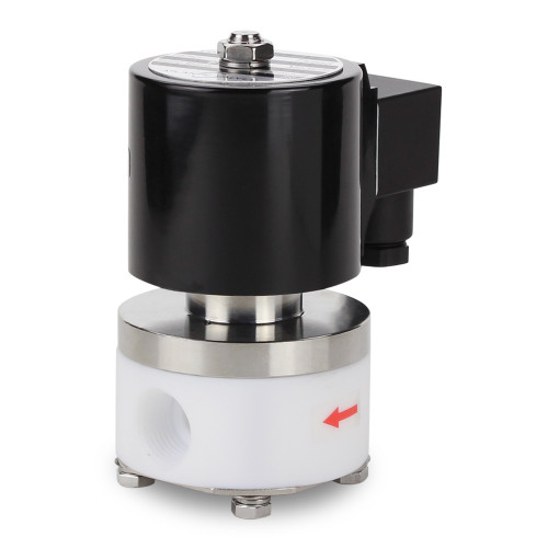 Industrial-grade pcf-15 PTFE solenoid valve, 1/2 inch NPT, normally closed for corrosive fluid handling and chemical processing.