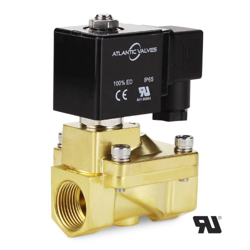 Compact UBP-20 3/4 inch brass Pilot Operated solenoid valve by Atlantic Valves, normally open for general-purpose water and air control.