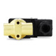 Detailed image of the underside of a 1/4'' 3-way electric solenoid valve in brass with 110V AC rating. Detailed image of the underside of a 1/4'' 3-way electric solenoid valve in brass with 110V AC rating.