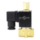 Side view of a 1/4'' brass 3-way solenoid valve designed for 110V AC, showing port arrangement suitable for air, gas, oxygen, low viscosity fluids, and fuel control. Side view of a 1/4'' brass 3-way solenoid valve designed for 110V AC, showing port arrangement suitable for air, gas, oxygen, low viscosity fluids, and fuel control.