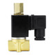 A 1/8 inch, 110V AC 3-way solenoid valve, displaying the side profile and brass construction. A 1/8 inch, 110V AC 3-way solenoid valve, displaying the side profile and brass construction.