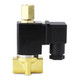 Side profile of a 1/4 inch 12V DC solenoid valve, brass body with NPT threads for secure installation. Side profile of a 1/4 inch 12V DC solenoid valve, brass body with NPT threads for secure installation.