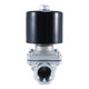 Lead-free 1/2" Normally Closed stainless steel 24VAC solenoid valve from the front, showing NPT ports suitable for potable water. Lead-free 1/2" Normally Closed stainless steel 24VAC solenoid valve from the front, showing NPT ports suitable for potable water.