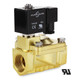 Atlantic Valves UBP-25 1 inch brass UL listed piloted solenoid valve, normally closed with NBR seal, front angle view.