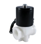 The right-angle view of the 1/4 inch 24V AC electric solenoid valve with durable polypropylene build and clearly marked wiring.