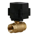 Electric actuator mounted on a 1/2 inch brass ball valve for precise flow control in plumbing systems.