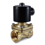 Angled view of a Normally Closed 3/4 inch electric brass solenoid valve, 12V DC suitable for HVAC systems, fountains, hydroponics, and automotive