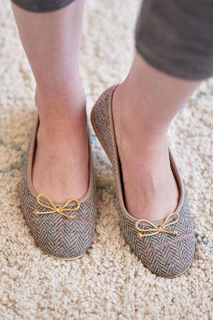 Harris Tweed Ballerina Slippers in Pink Check