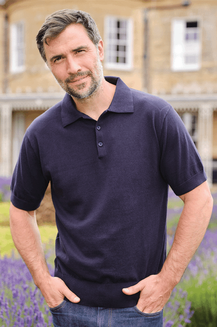 Gents Cashmere Cotton Polo in Navy