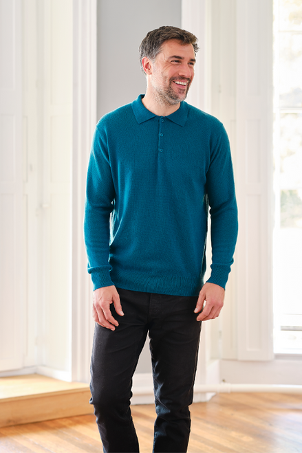 Gents Cashmere Long Sleeve Polo Shirt in Peacock