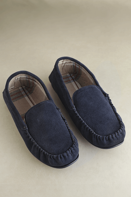 Suede Moccasin Slippers in Navy