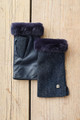 Harris Tweed & Leather Fingerless Mittens in Navy Herringbone
