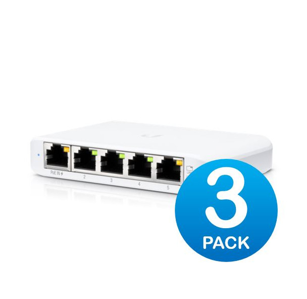 Ubiquiti (USW-Flex-Mini-3) Ubiquiti USW Flex Mini 3 Pack - Managed, UniFi, Layer 2 Gigabit Switch, 5x GbE RJ45 Ports, Powerable Via PoE (802.3af) or USB Type-C 5V 1A, No PSU
