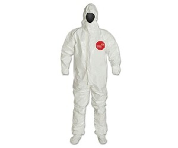 Tychem® 4000 Coverall,Taped Seam, Attached Hood and Sock, Elastic Wrist, Boot Flap, Zipper Front, Storm Flap, White, X-Large