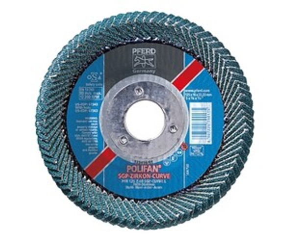 POLIFAN® Z SGP Curve Steelox Flap Disc, 5 in dia x 7/8 in Arbor, 40 Grit, Zirconia, 12200 RPM, Large Radius