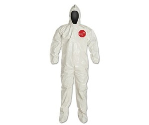 Tychem® 4000 Coverall, Attached Hood and Sock, Elastic Wrists, Zipper, Storm Flap, White, 3X-Large, Berry Amendment Compliant