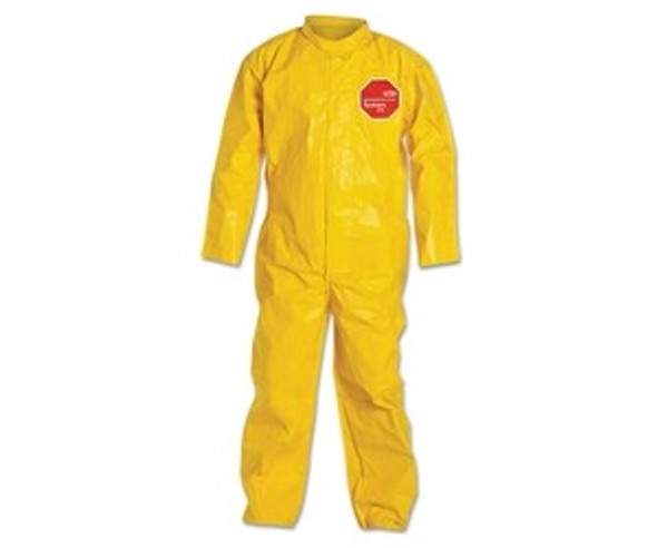 Tychem® 2000 Coverall, Bound Seams, Collar, Open Wrists and Ankles, Front Zipper, Storm Flap, Yellow, Large