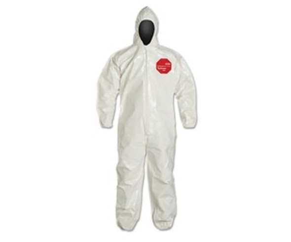 Tychem® 4000 Coverall, Bound Seams, Attached Hood, Elastic Wrist and Ankles, Zipper Front, Storm Flap, White, Medium