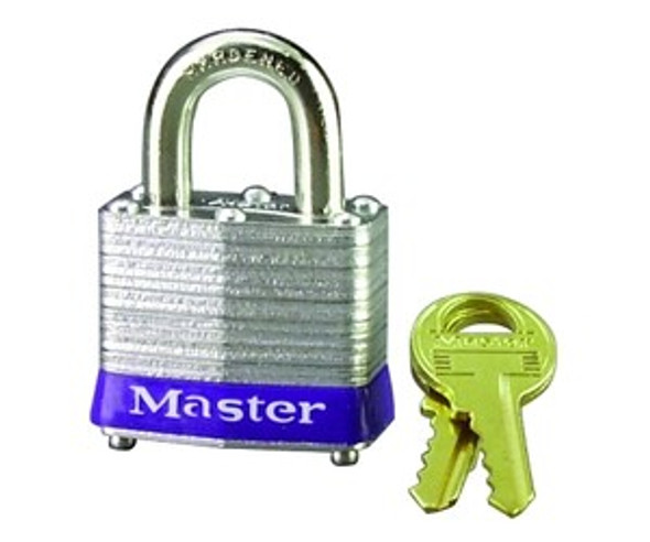 No. 3 Laminated Steel Padlock, 9/32 in dia, 5/8 in W x 3/4 in H Shackle, Silver/Blue, Keyed Different, Varies