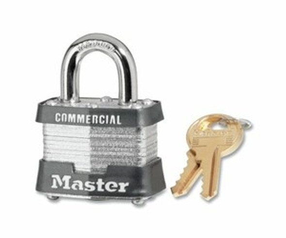 No. 3 Laminated Steel Padlock, 9/32 in dia, 5/8 in W x 3/4 in H Shackle, Silver/Gray, Keyed Alike, Keyed 2179