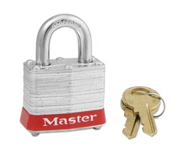 No. 3 Laminated Steel Padlock, 9/32 in dia, 5/8 in W x 3/4 in H Shackle, Silver/Red, Keyed Alike, Keyed 0774