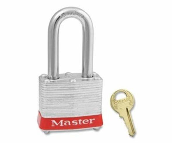 No. 3 Laminated Steel Padlock, 9/32 in dia, 5/8 in W x 1-1/2 in H Shackle, Silver/Red, Keyed Different, Varies