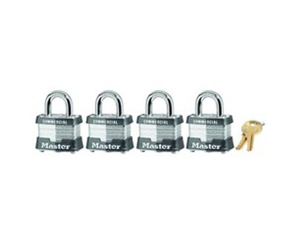 No. 3 Laminated Steel Padlock, 9/32 in dia, 5/8 in W x 3/4 in H Shackle, Silver/Gray, Keyed Alike, Varies