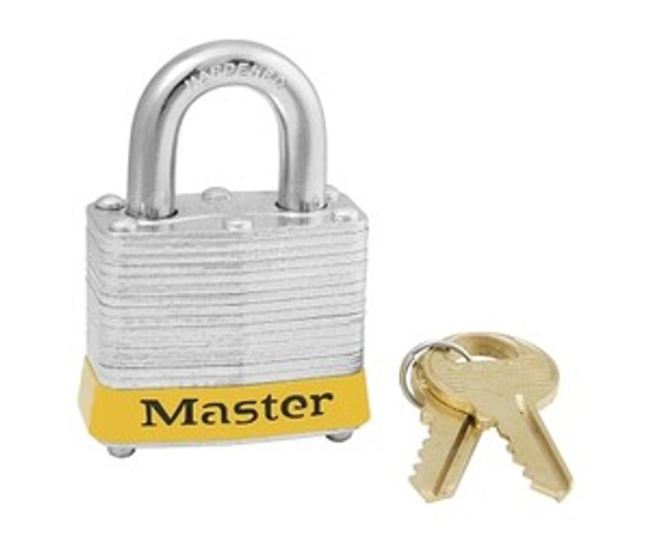 No. 3 Laminated Steel Padlock, 9/32 in dia, 5/8 in W x 3/4 in H Shackle, Silver/Yellow, Keyed Different, Varies