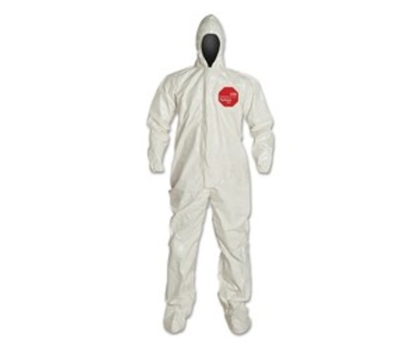 Tychem® 4000 Coverall, Attached Hood and Sock, Elastic Wrists, Zipper, Storm Flap, White, Medium