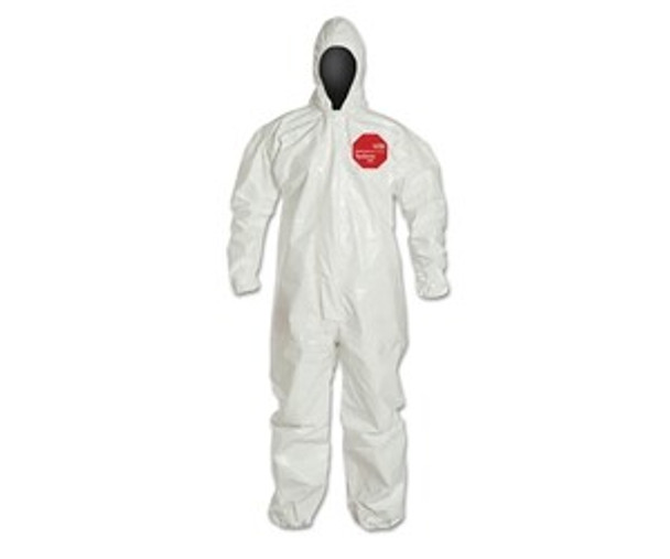 Tychem® 4000 Coverall,Taped Seams, Attached Hood, Elastic Wrists and Ankles, Zipper Front, Storm Flap, White, Medium