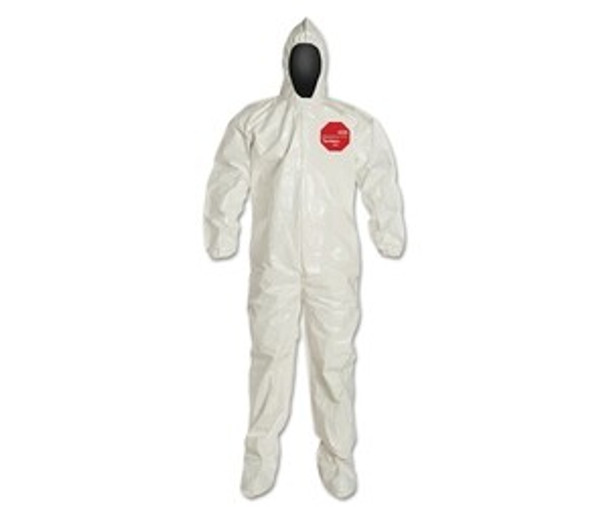 Tychem® 4000 Coverall, Attached Hood and Sock, Elastic Wrists, Zipper, Storm Flap, White, Medium, Berry Amendment Compliant