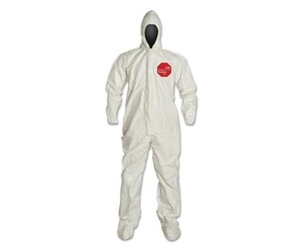 Tychem® 4000 Coverall, Attached Hood and Sock, Elastic Wrists, Zipper, Storm Flap, White, 2X-Large, Berry Amendment Compliant